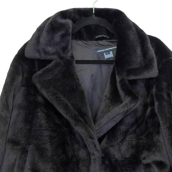 French Connection Black Faux Fur Notched Collar Coat Jacket NEW Large - Picture 6 of 7